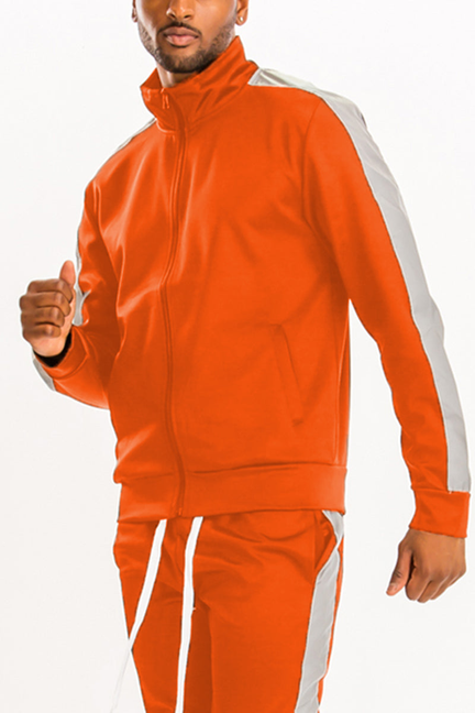 Orange track jacket with stand collar and white side stripe, long sleeves