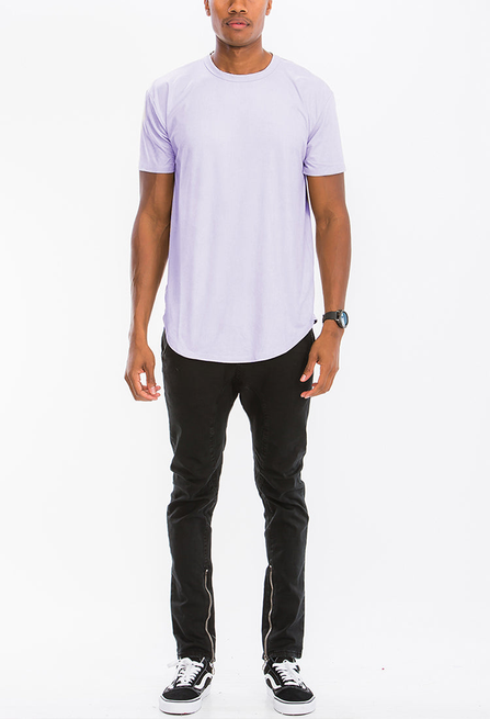 Lavender microsuede crew-neck tee, short sleeves, straight hem