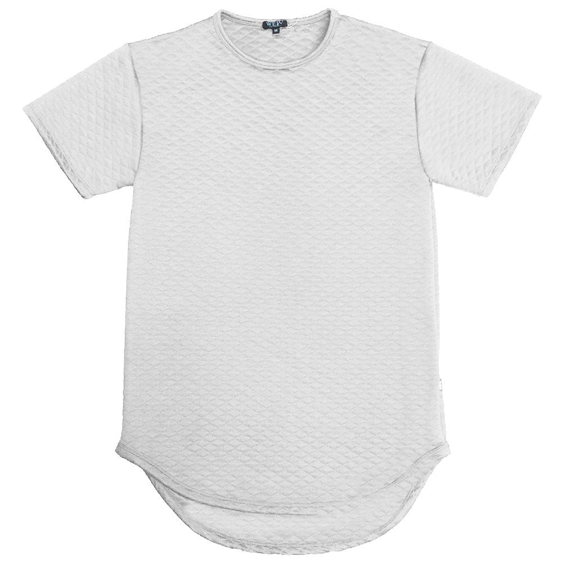 White quilted scallop tee with crew neck and short sleeves