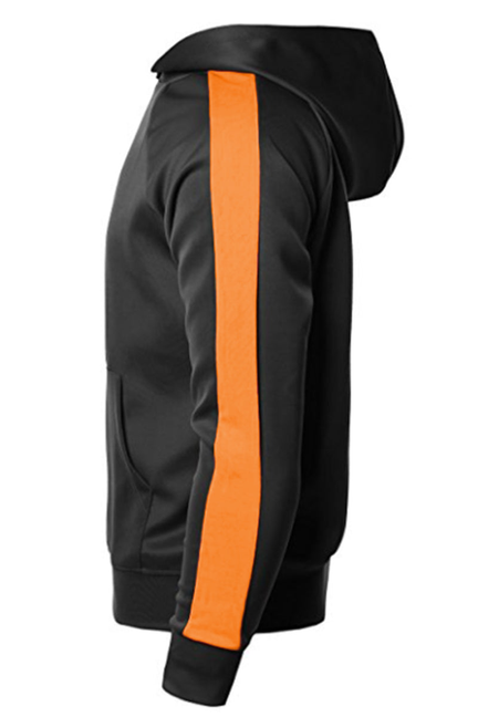 Black hoodie with a single vertical orange stripe on the sleeve, side view