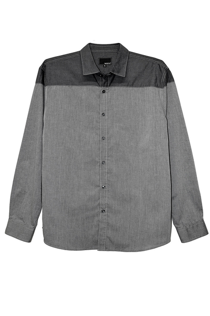 Two-tone grey long-sleeve button-up shirt with spread collar and dark yoke
