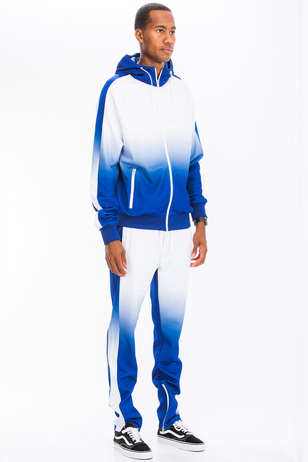 Two-piece track set with zip hoodie and joggers, white-to-blue gradient