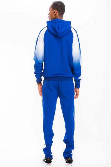 Two-piece track set back view: gradient hoodie and tapered joggers