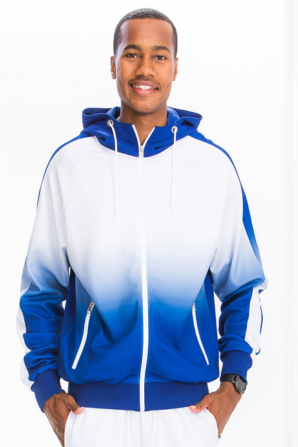 Gradient zip hoodie with drawstring hood, paired with white joggers and blue cuffs