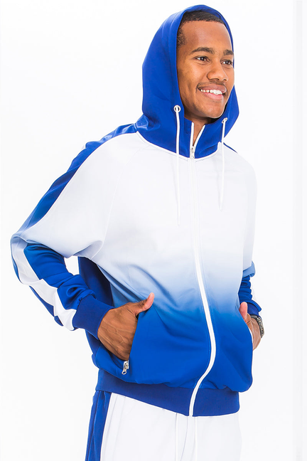 Zip-up gradient track hoodie with drawstring hood and front zip, blue cuffs