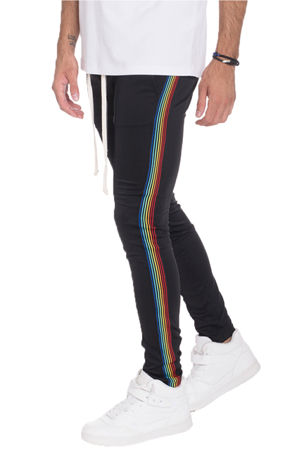 Black rainbow track pants with multicolor side stripe