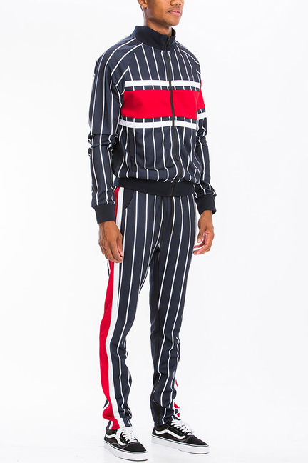 Navy pinstripe track jacket and pants with red panel and side stripes