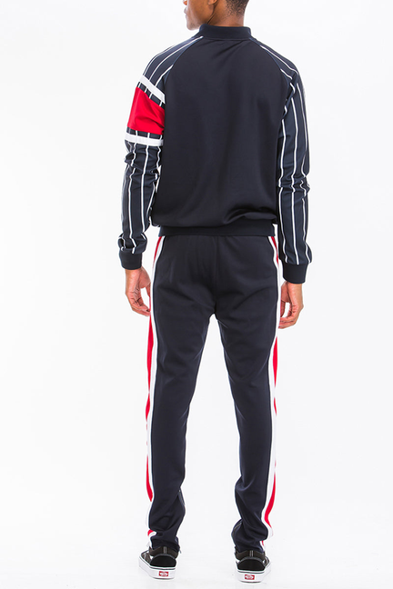 Navy pinstripe track jacket and pants with red side panels