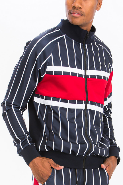 Navy pinstripe track jacket with red chest band and white stripe accents