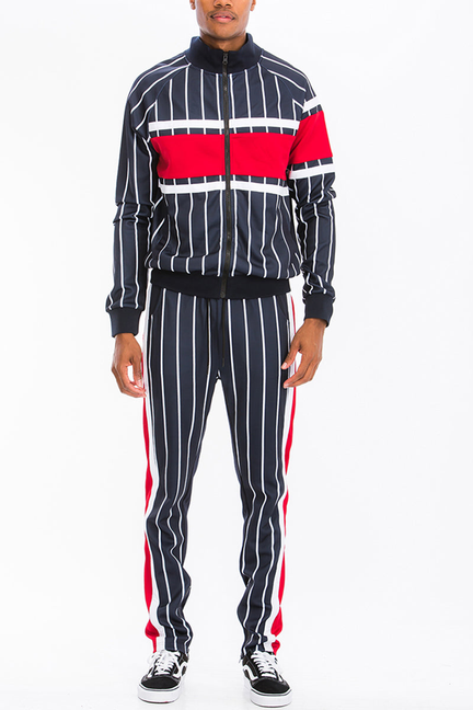 Navy pinstripe track jacket and pants with red waist and side stripes