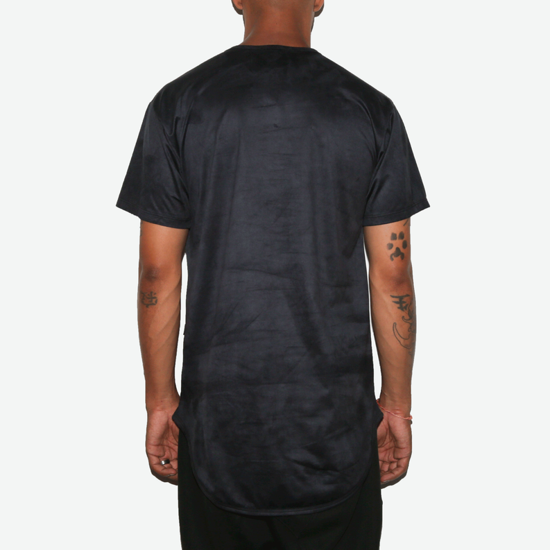 Black crew-neck short-sleeve T-shirt, curved hem, smooth microsuede texture.