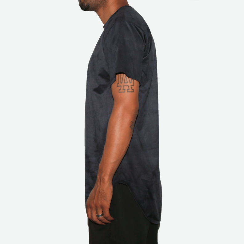 Black crew-neck short-sleeve T-shirt, side view with relaxed shoulder fit.