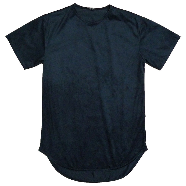 Black crew-neck T-shirt with short sleeves and curved hem, front view.