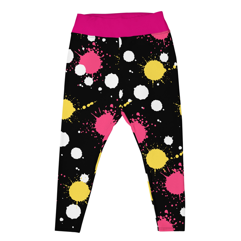 Women's black leggings with pink waistband and multicolor splash print, ankle length