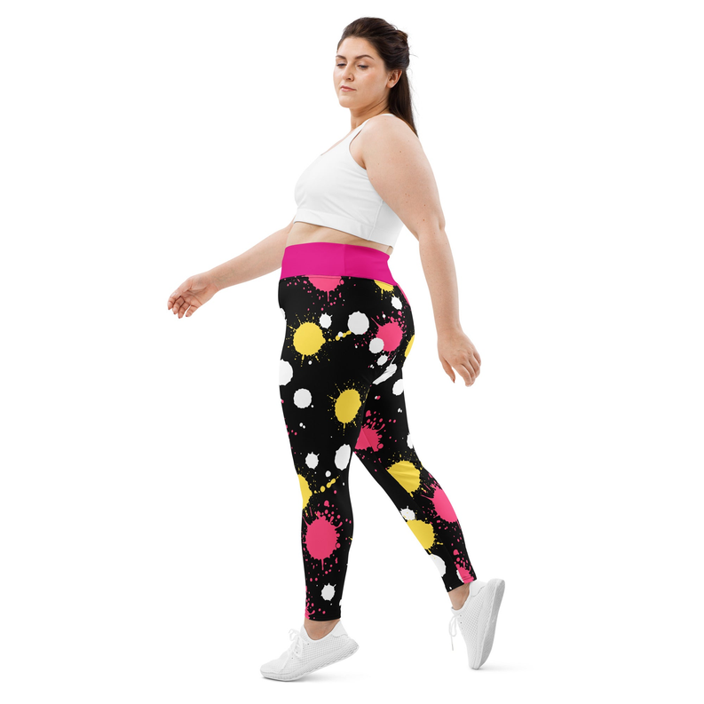 Women's black splash leggings with pink and yellow splatters and white dot details