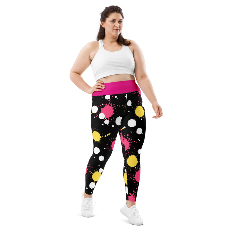 Women's black leggings with pink waistband and pink, yellow, white splash print