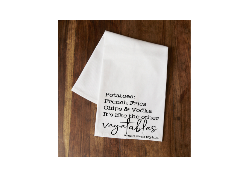 White tea towel with potato quote text print