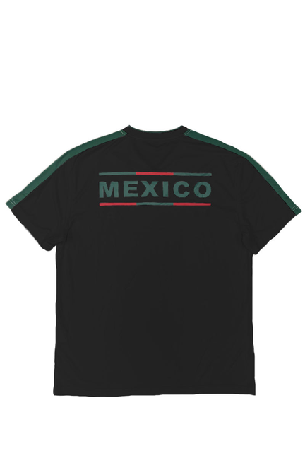 Black Mexico soccer jersey with green shoulder stripes and large back Mexico text