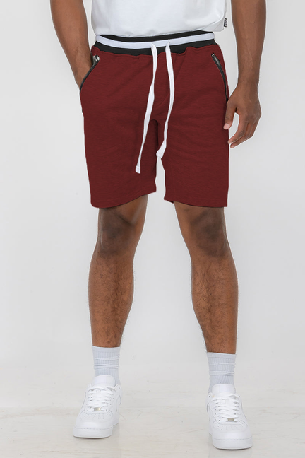 Burgundy French terry shorts with white drawstring and side pockets