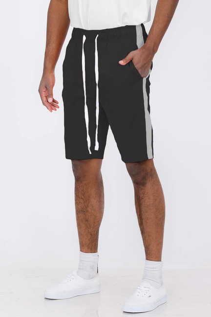 Black single-stripe drawstring shorts with vertical white panels