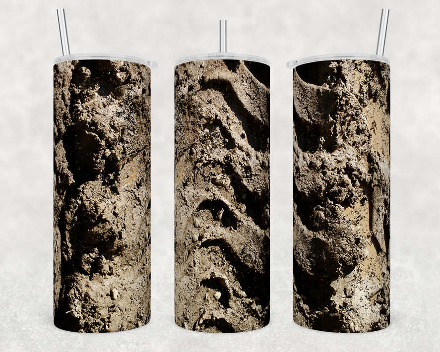 Stainless steel tumbler with black and light tan speckled design and a clear straw