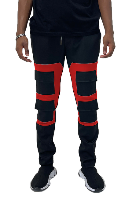 Black and red colorblock cargo jogger pants with pouch pockets and drawstring waist
