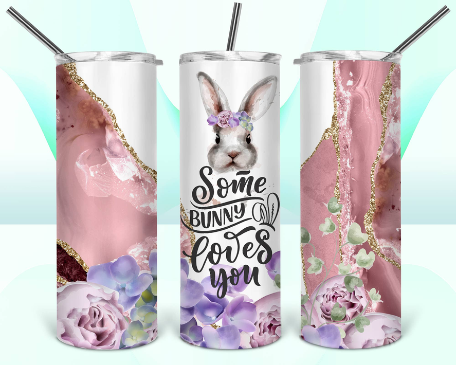 Stainless steel tumbler with floral and bunny graphic, gold rim, pink roses, clear lid