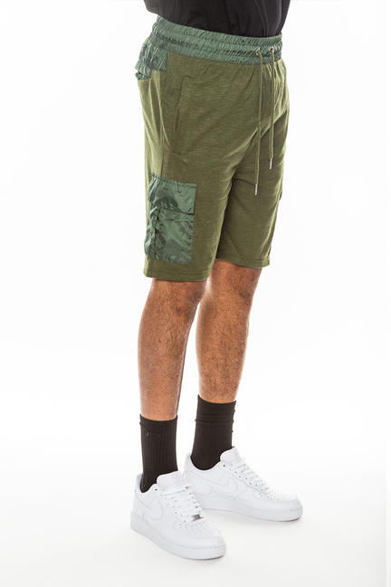 Olive slub shorts with elastic waistband and side patch pockets