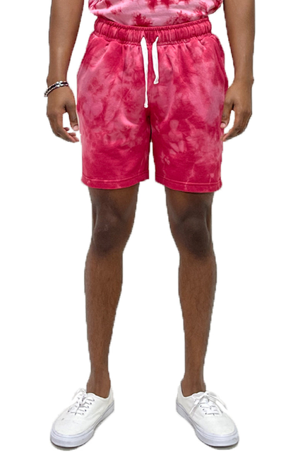 Red tie-dye drawstring shorts with elastic waistband, knee length