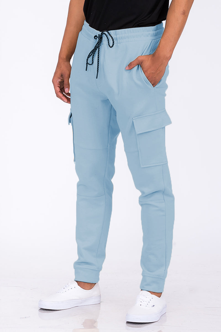 Light blue cotton-blend cargo joggers with side pockets and drawstring cuffs