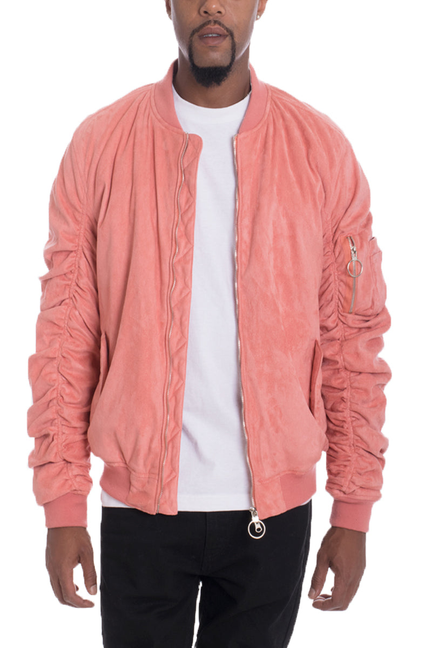 Coral faux suede bomber jacket with zip front and ribbed collar and cuffs