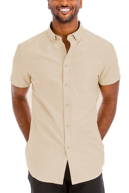 Khaki short-sleeve button-down shirt with single chest pocket