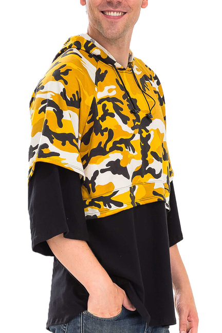 Yellow camo French terry hoodie with black accents, kangaroo pocket and hood