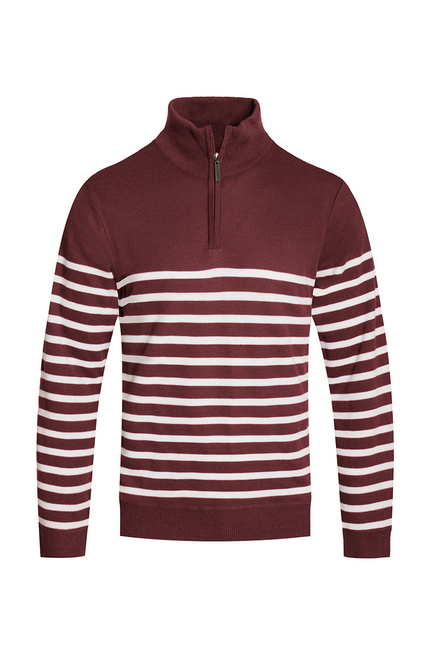 Maroon quarter-zip sweater with white horizontal striped sleeves and body, ribbed cuffs