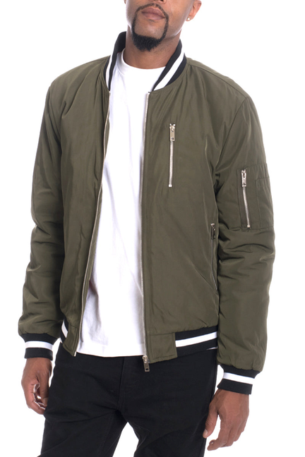 Men's olive twill jacket with front zipper, stand collar, ribbed trim and zip pockets
