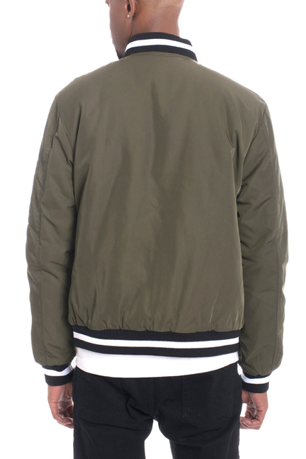 Men's olive twill jacket back view with ribbed waistband and cuffs with stripe trim