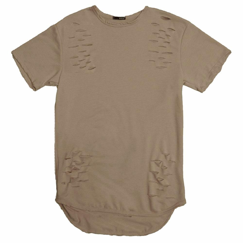 Taupe distressed T-shirt laid flat, with scissor-cut holes on chest and sides.