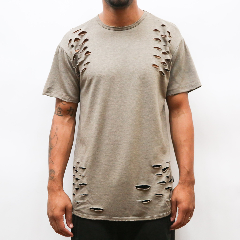 Taupe distressed T-shirt with scissor-cut detailing on shoulders and front hem.