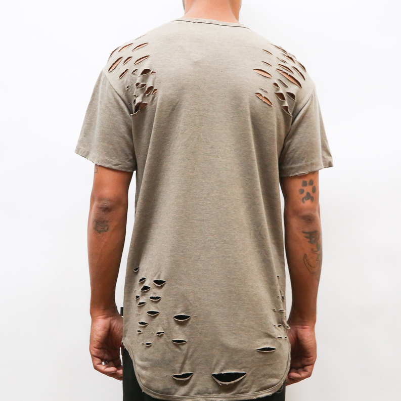 Taupe distressed T-shirt with scissor-cut holes on back shoulders and lower hem.