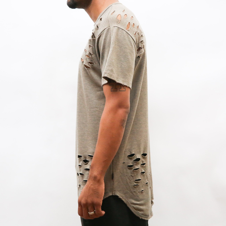 Taupe distressed T-shirt with scissor-cut holes along sleeve and lower side.