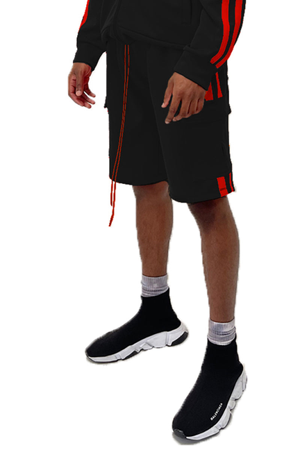 Black cargo shorts with red stripe trim and side pocket details