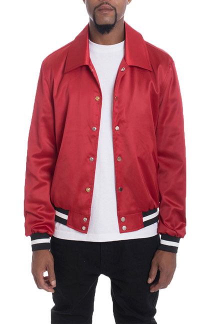 Red satin bomber jacket with snap-front, stand collar, ribbed cuffs and hem