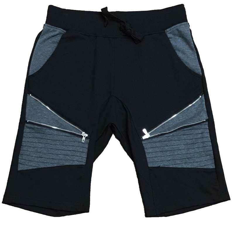 Black moto shorts with gray heather side panels and diagonal zippered pockets; drawstring waist