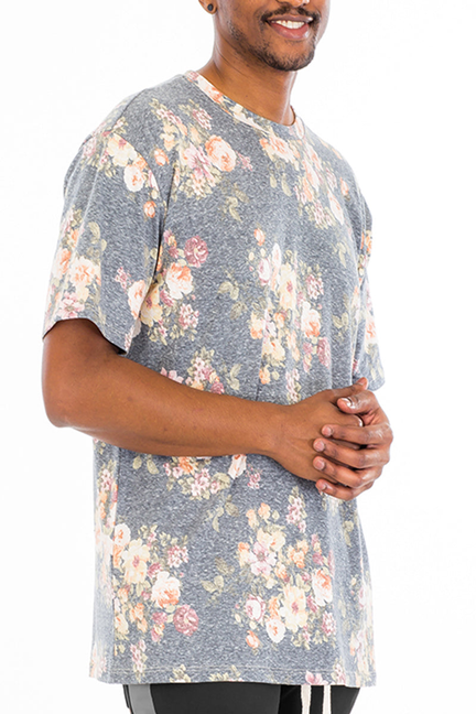 Heathered navy floral short-sleeve t-shirt with crew neck
