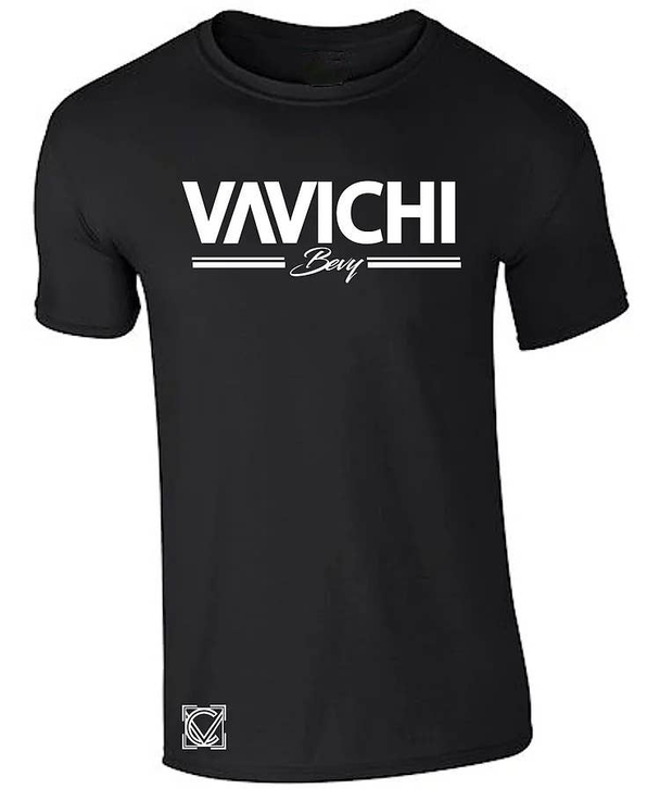 Black crew-neck T-shirt with VaVichi Bevy chest graphic