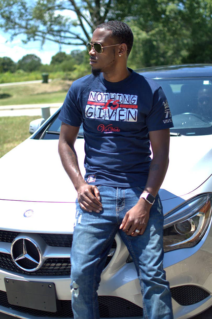 Navy crewneck T-shirt with short sleeves and bold front graphic lettering