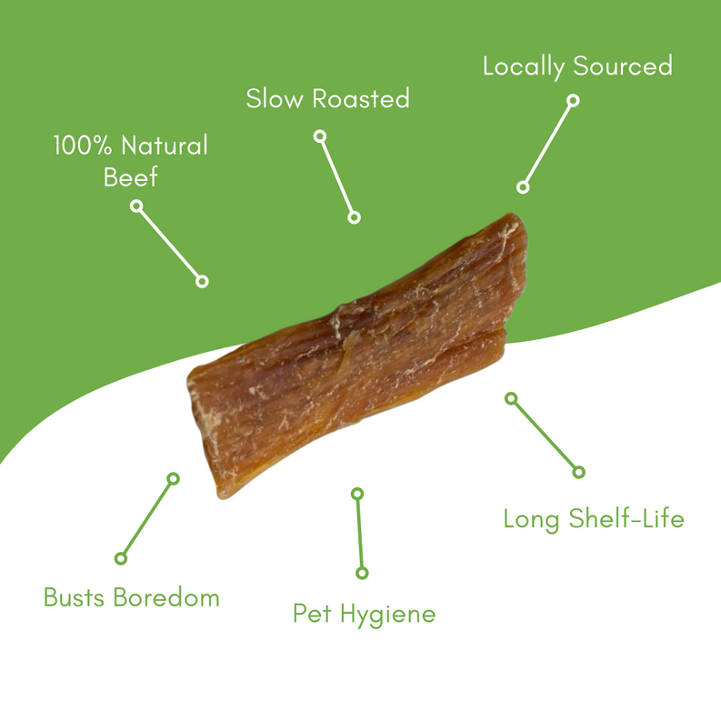 Slow-roasted beef back strap dog bone chew, long strip, natural brown