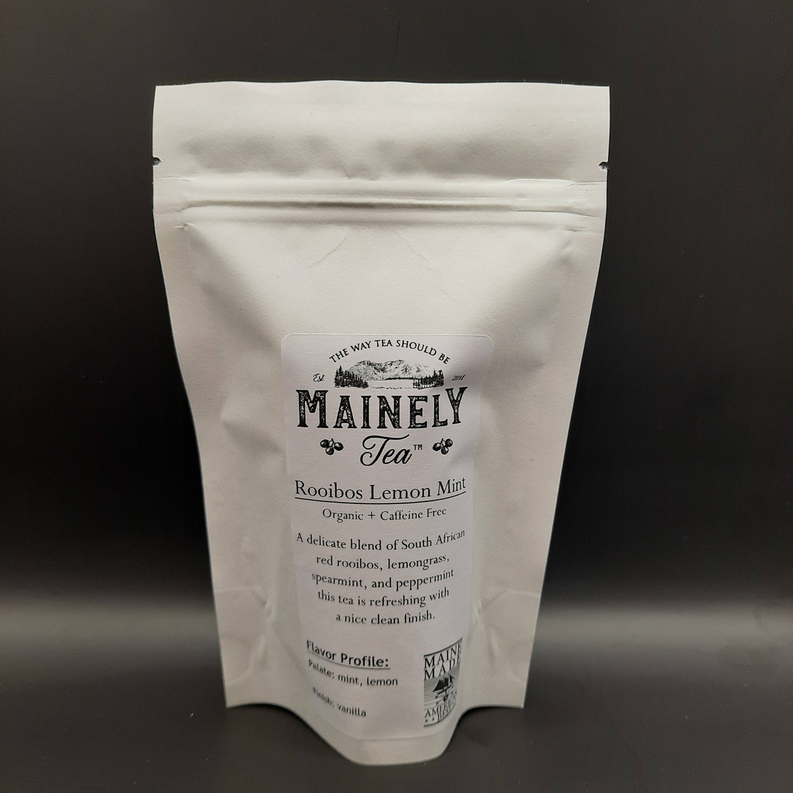 Stand-up tea pouch labeled MAINEY Tea Rooibos Lemon Mint, organic, caffeine free