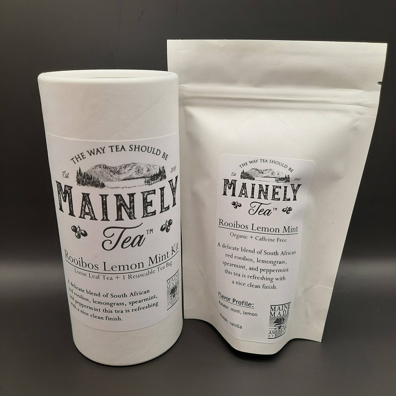 Tea canister and pouch set labeled MAINEY Tea Rooibos Lemon Mint