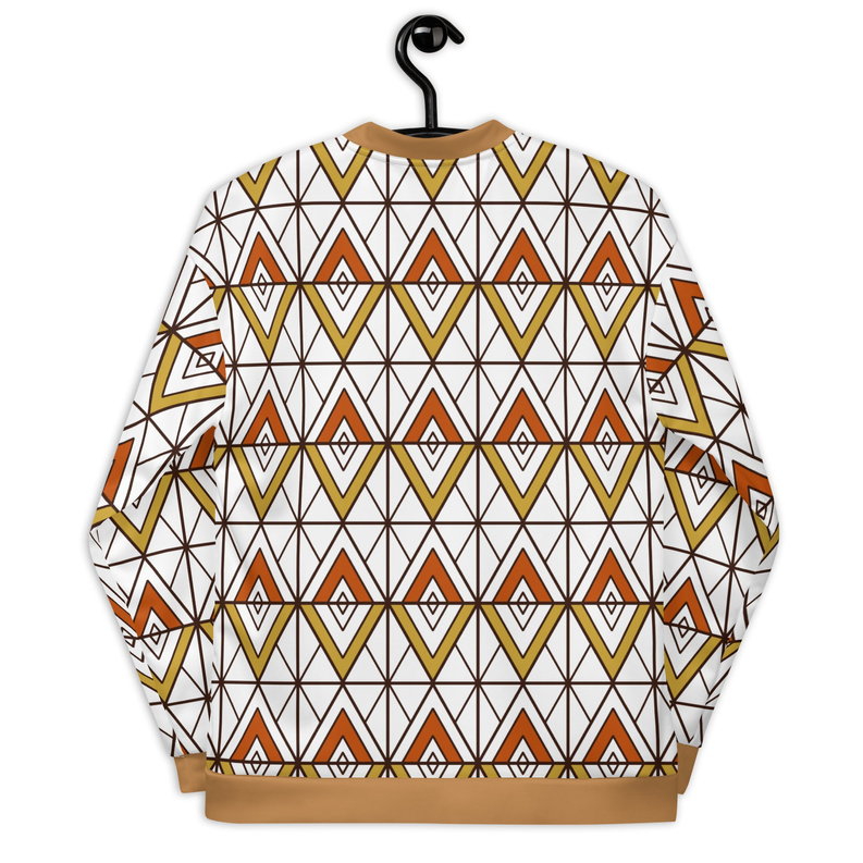 Geometric triangle print bomber jacket with tan ribbed hem and cuffs, back view